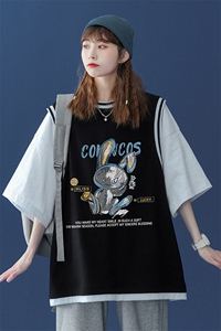 ！中性风 夏季印花假两件短袖T恤港风学生班服 T605P40控58图片