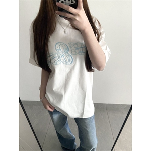 H0679-P35珠片刺绣纯棉宽松短袖t恤女