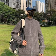春秋美式复古拉链灰色毛衣男纯色开衫外套长袖立领针织衫男潮7351，男装针织衫/毛衣，星座506