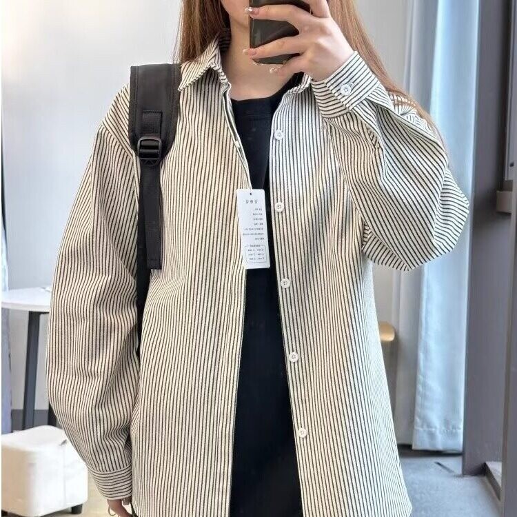 复古条纹长袖衬衣高品质衬衫男女同款运动休闲打底衫外套TW01p40,女装衬衫,电商D256-2(原A064-2)