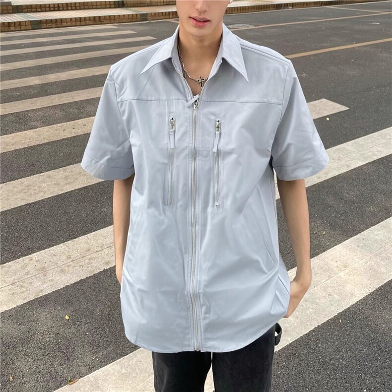 2025新款高街拉链polo翻衬衫男女宽松小众开衫短袖复古衬衣,男装衬衫,星座506A