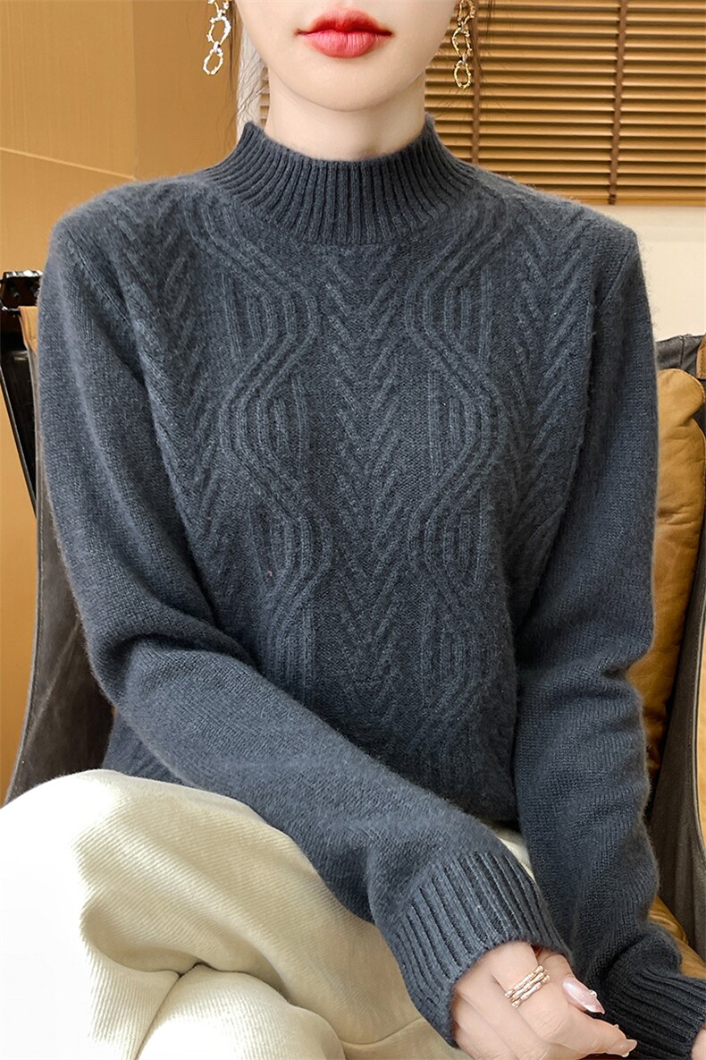 重磅加厚100%纯羊毛衫女半高领绞花针织毛衣宽松羊绒衫上衣打底衫,女装羊毛衫,邓利维