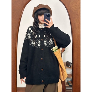 重磅秋冬装北极绒开衫毛衣美式复古休闲圣诞慵懒风提花针织衫外套图片