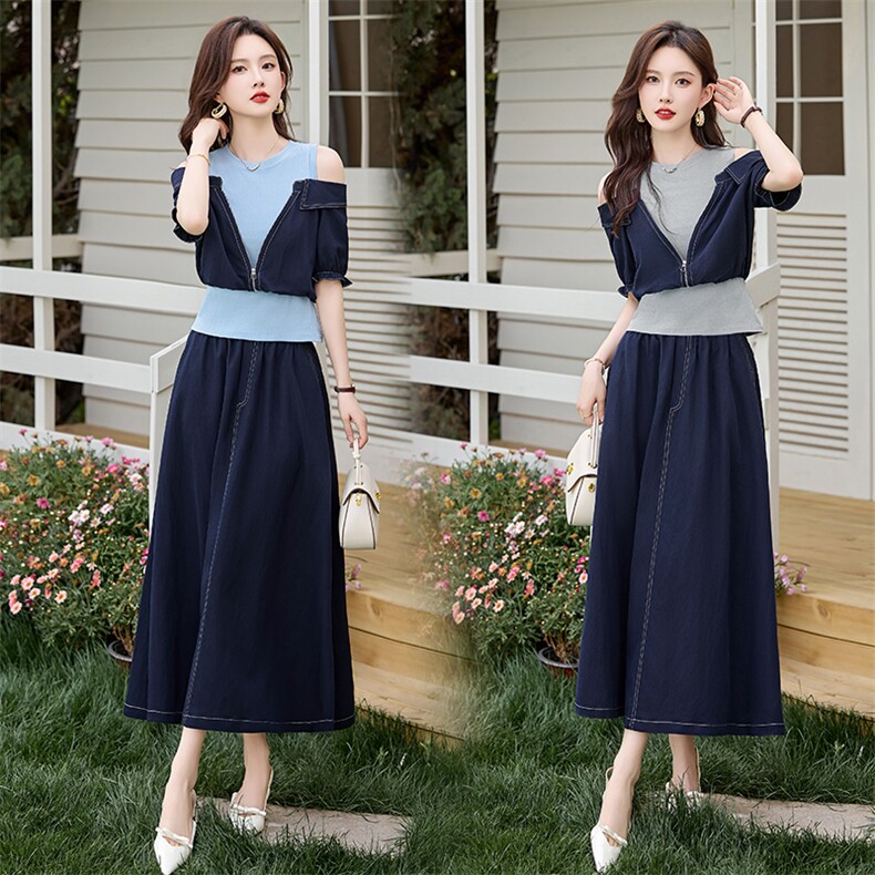 蓝色露肩软牛仔半身裙两件套女夏季独特绝美超火巨好看ootd一整套，女装套装/套裙，鑫鑫美