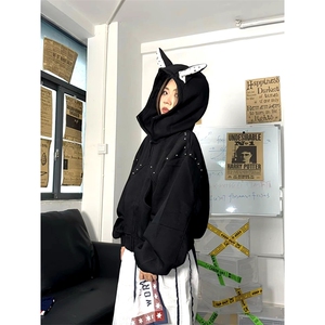抖音得物高品质 26春装美式高街铆钉杜宾犬耳朵开衫卫衣外套W125图片