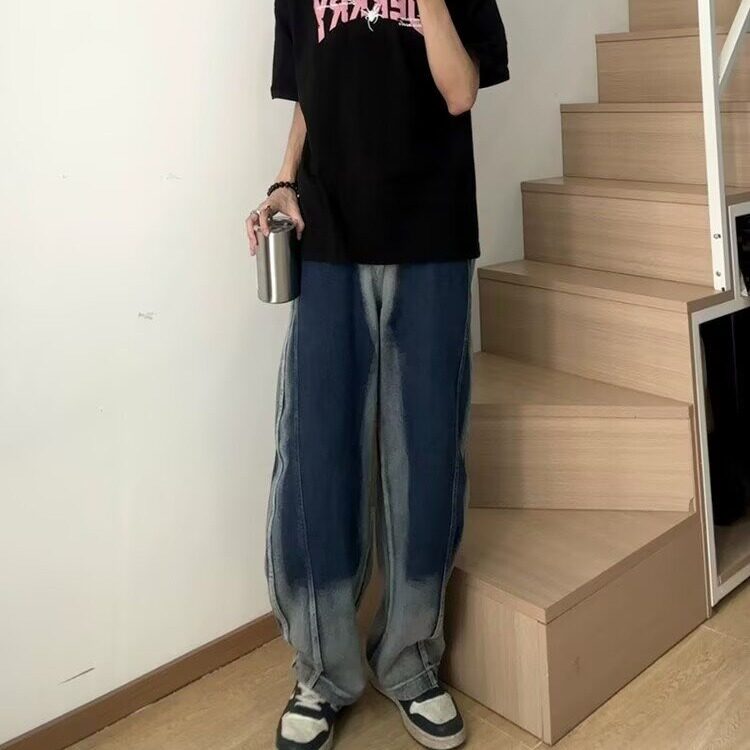 美式渐变牛仔裤男女夏季潮牌宽松阔腿裤子休闲弯刀裤N333-P57,男装牛仔裤,星座208-5