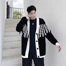 新款千鸟格针织开衫毛衣男时尚流苏百搭毛衫外套A452--MY24--P115，男装针织衫/毛衣，电商A452