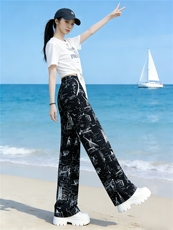 重工印花时尚休闲套装女夏季新款白色短袖上衣黑色阔腿长裤两件套，女装套装/套裙，江南