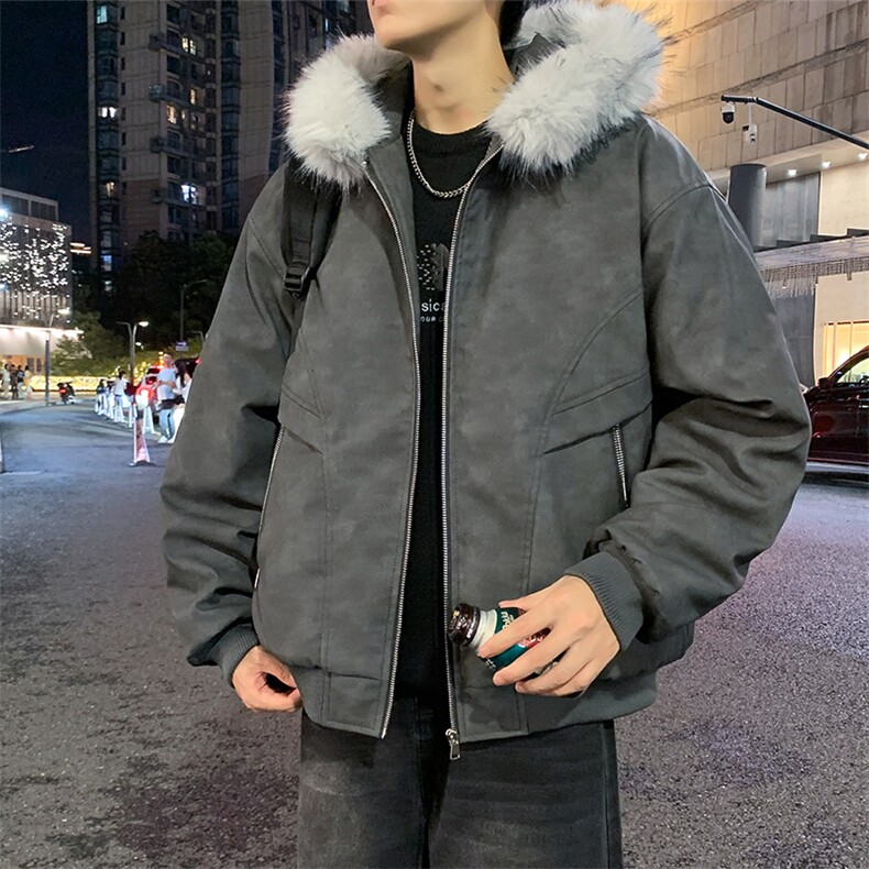 现货扎染PU皮棉服男冬季加厚连帽棉衣座山雕大毛领外套M090-P120,男装棉衣,星座308B-2