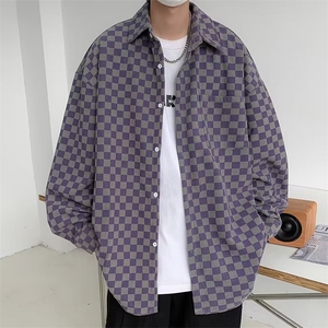 灯芯绒棋盘格衬衫男长袖小众春秋衬衣休闲外套港风日系CS323 P40图片
