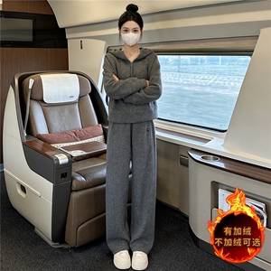 韩系气质简洁运动套装女秋冬新款拉链开衫连帽卫衣直筒长裤两件套