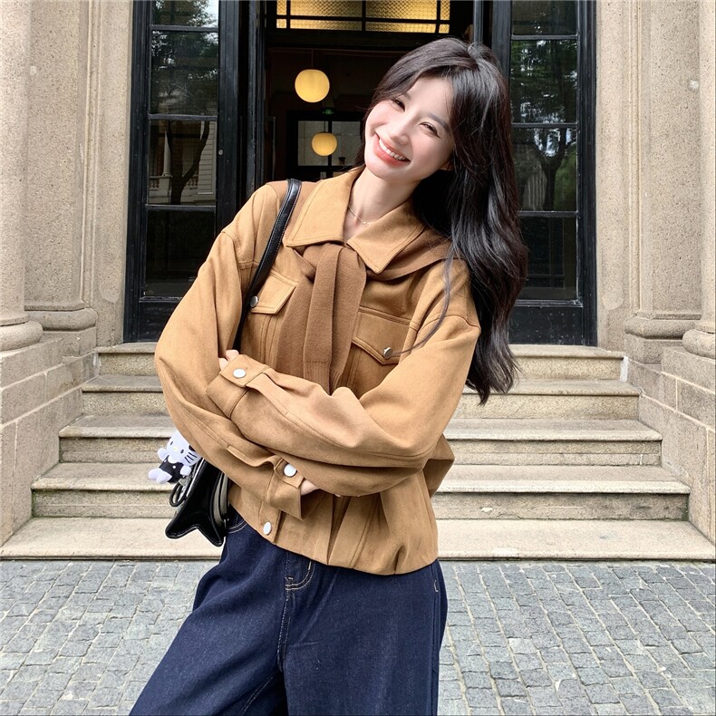 【含披肩】休闲港风短外套女春秋韩系夹克2026新款麂皮绒上衣,女装短外套,2C166