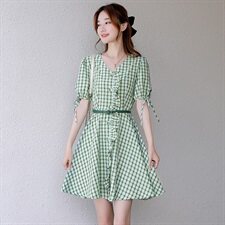 v领连衣裙女夏装2021年新款时尚收腰显瘦气质减龄中长格子裙，女装连衣裙，寒都衣屋