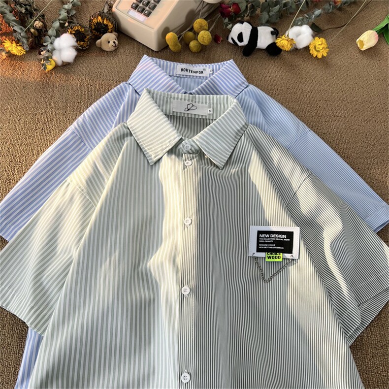 高品质全棉冰丝条纹短袖衬衫港风撞色衬衣XCS222-特P29控58,男装衬衫,电商B370