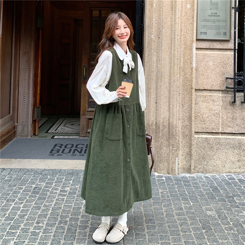 法式复古减龄衬衫灯芯绒背心连衣裙套装女春秋新款小个子两件套潮,女装套装/套裙,2C007