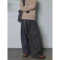 老钱风条纹休闲裤男生宽松皱褶直筒裤韩版阔腿裤子LB0011-P58，男装休闲裤，星座1008