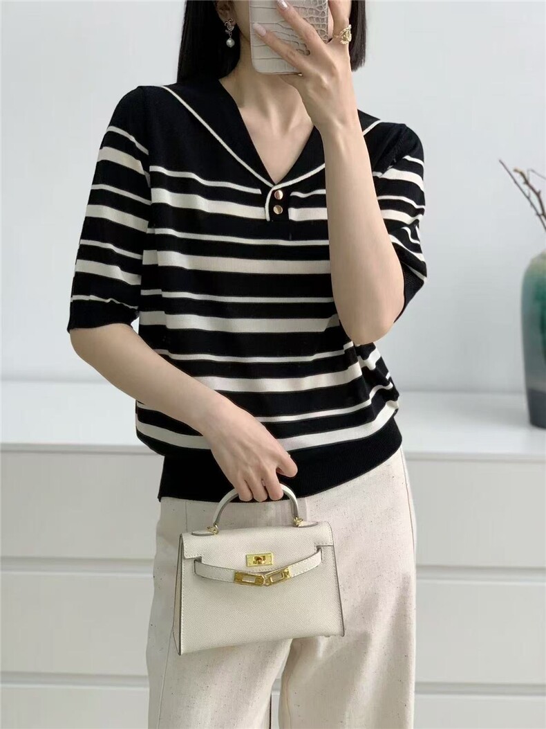 冰丝海军领短袖2025年夏季条纹显瘦针织衫，女装针织衫/毛衣，昂家羊绒