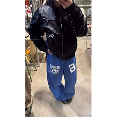 美式刺绣植绒蓝色弯刀阔腿长裤男秋冬季慵懒版型百搭休闲保暖卫裤，男装休闲裤，四季星座505