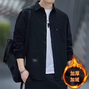 高档免烫宽松版衬衫男士长袖加绒加厚休闲工装衬衣秋冬外套男装潮图片