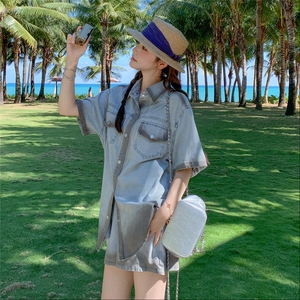 韩版休闲牛仔外套短裤两件套女夏2025新款设计感时尚宽松洋气套装图片