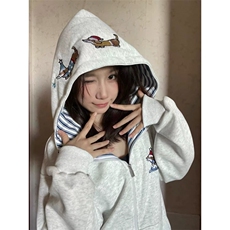 美式开衫字母腊肠小狗刺绣连帽卫衣男女秋冬韩系慵懒风外套-Y1523，女装短外套，星座601-1