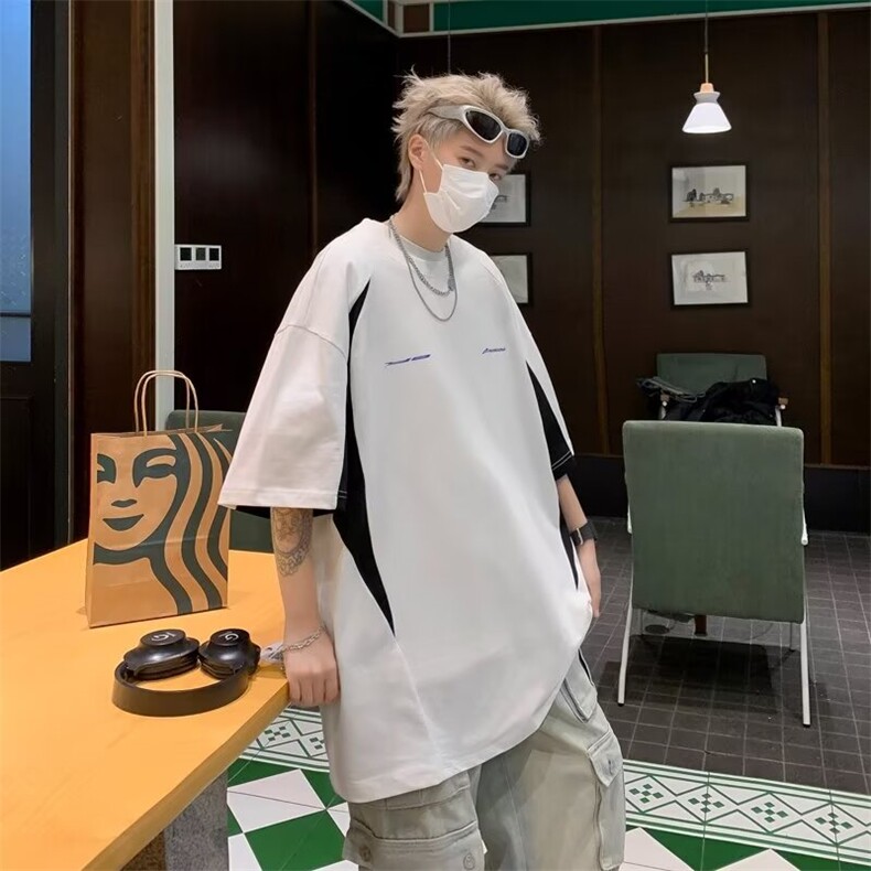 夏季新款短袖T恤撞色拼接字母印花宽松休闲上衣,男装T恤,星座410-7