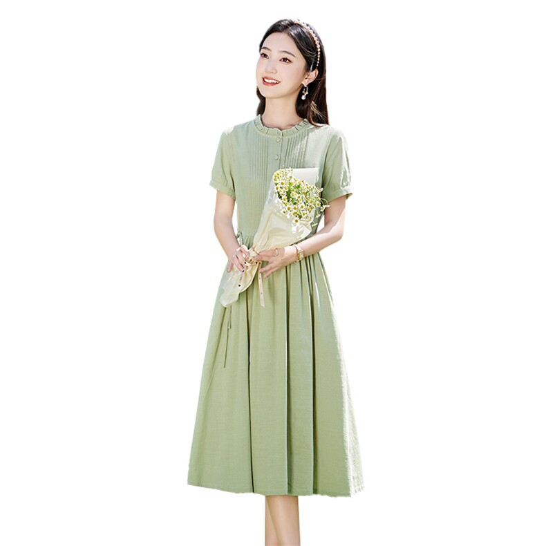 文艺绿色棉麻短袖连衣裙女2026夏季新款系带收腰气质减龄过膝长裙,女装连衣裙,倪叶myz