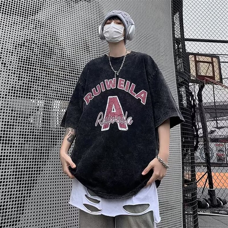 夏季短袖T恤男美式复古圆领半袖宽松潮牌水洗体恤潮流五分袖上衣,男装T恤,星座1013