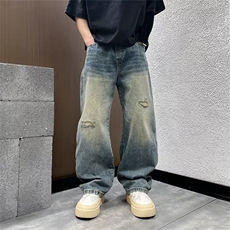 牛仔裤男士潮牌宽松直筒裤春秋季美式破洞垫布水洗百搭阔腿长裤子，男装牛仔裤，星座813-2