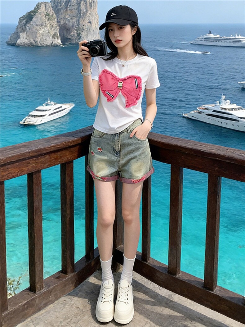 学院风网红时尚套装女夏款圆领刺绣蝴蝶结短袖阔腿牛仔短裤两件套,女装套装/套裙,江南