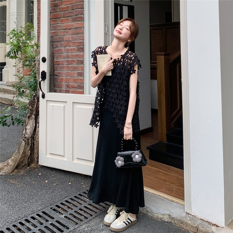 黑色辣妹性感蕾丝镂空罩衫两件套连衣裙夏新款别致显身材吊带长裙,女装套装/套裙,2C211