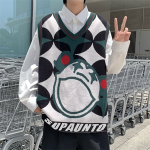 秋季新款复古校园风绿色背心设计感宽松V领针织毛衣男 M587-P37图片
