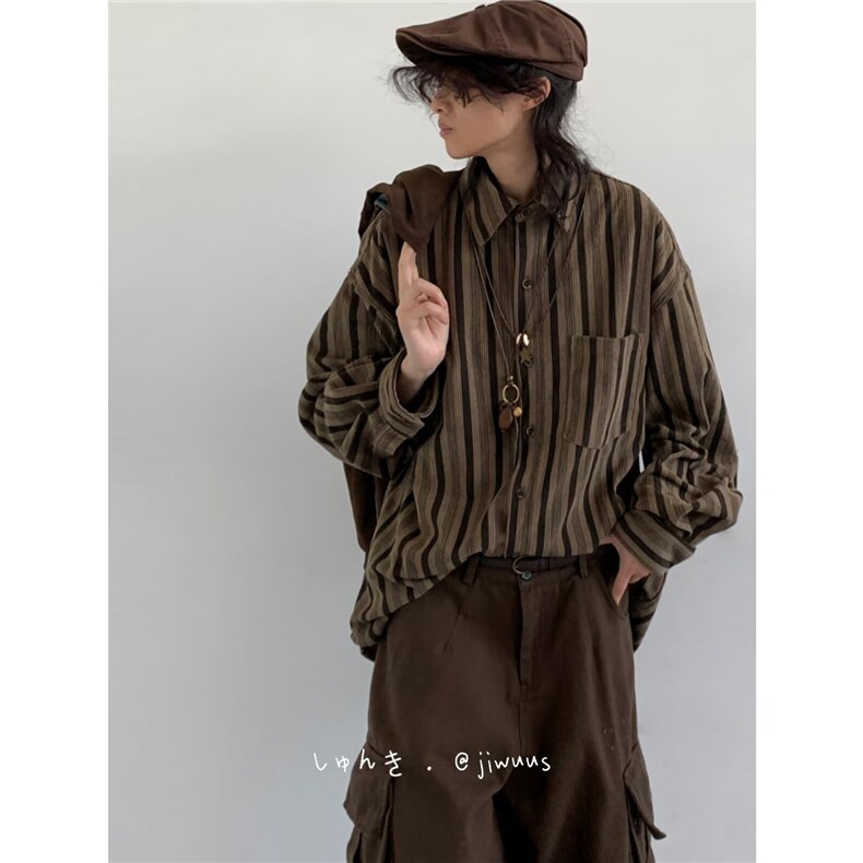 C233-P40 日系复古咖色条纹长袖衬衫男女春秋宽松情侣衬衣外套图片