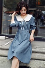 【2件9折】【紫系列】女装折扣25春专柜399娃娃领系带收腰连衣裙，女装连衣裙，冬木谷雨