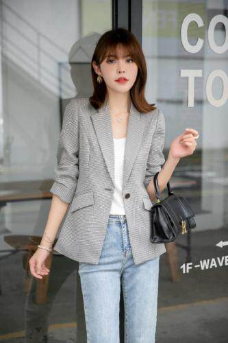 【新款现货】秋季千鸟格烫钻淑女气质小西装，女装西装，水锦红