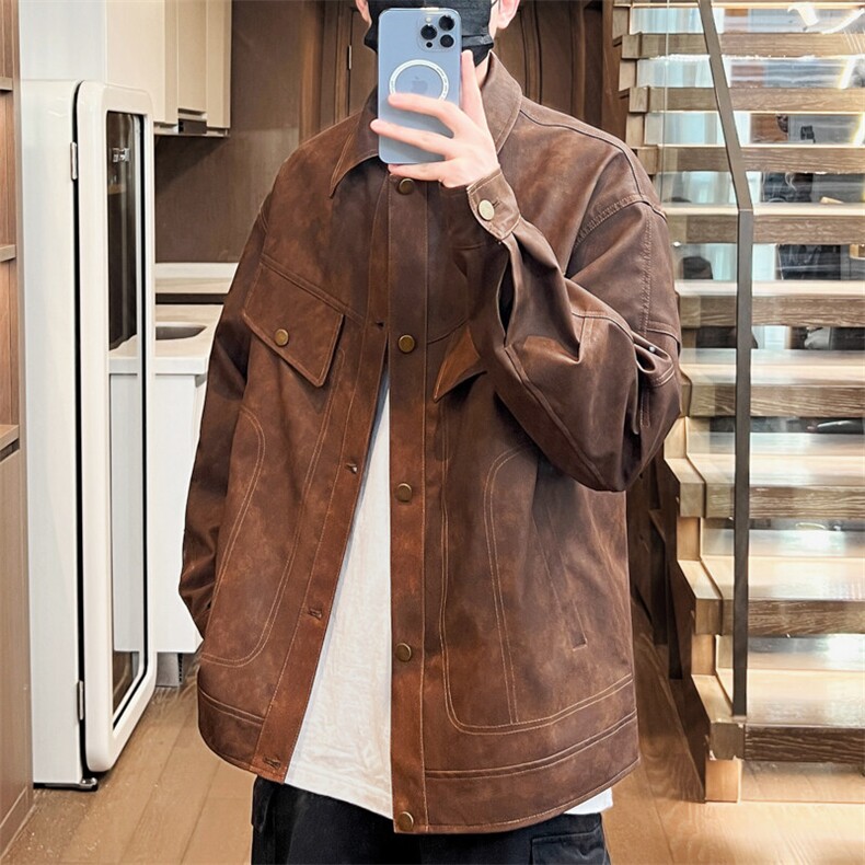 春季情侣款外套翻领青年机车男士皮衣潮按扣夹克A266-PY009-P100，男装皮衣，电商A266