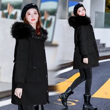 2024棉衣中长款修身加厚通勤拉链连帽纯色气质大毛领时尚结婚潮，女装棉衣/棉服，艾仟回(原伊仟回)