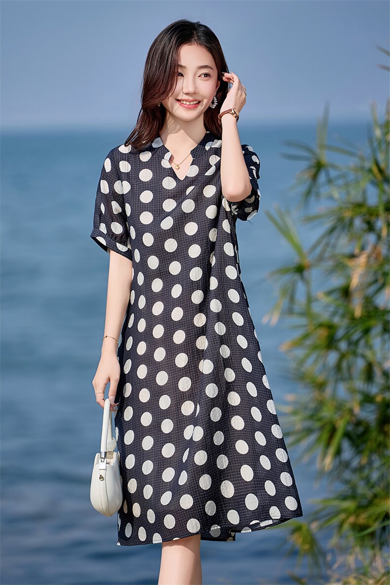 时尚波点印花连衣裙女2025夏季新款中年妈妈宽松大码休闲洋气裙子,女装连衣裙,文熹诺