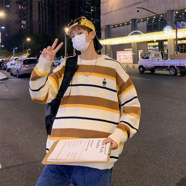 小熊刺绣条纹毛衣男春秋季日系潮牌圆领宽松针织衫M751-P45,男装针织衫/毛衣,星座512-2