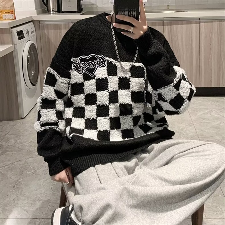 美式棋盘格毛衣男ins拼接情侣外套冬季复古慵懒风针织衫MY803-P45,男装针织衫/毛衣,星座1008-1