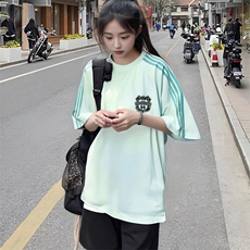 抖音得物品质二开240克宽松纯棉美式潮牌印花三条杠中性风短袖T恤，男装T恤，电商A486-1