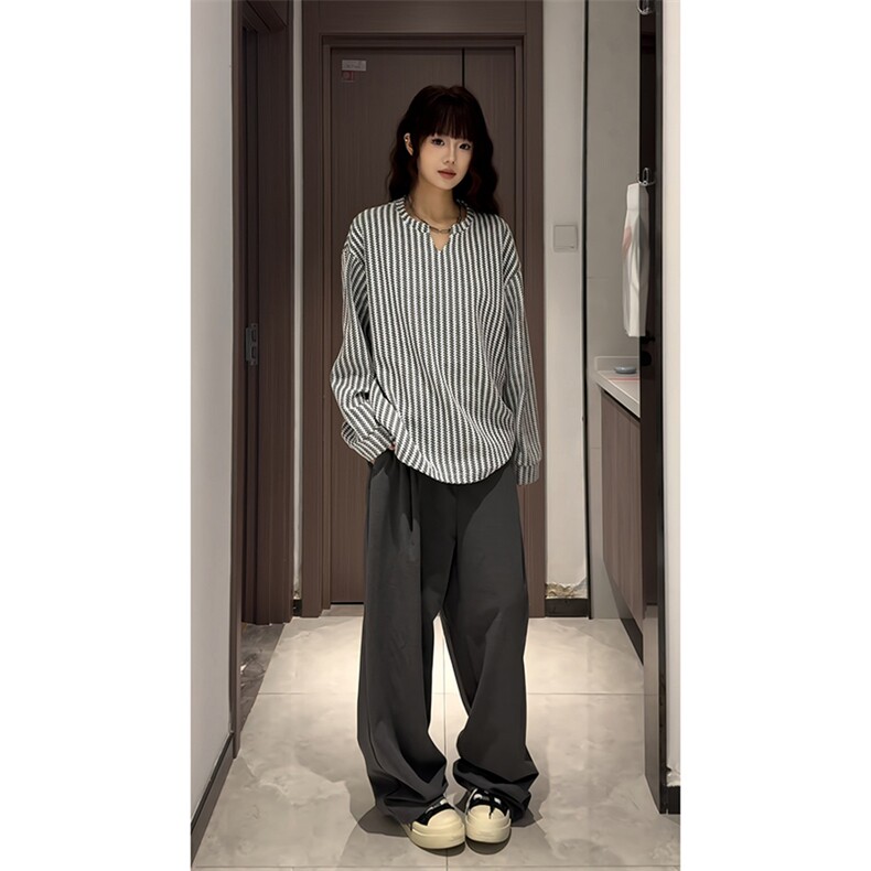 美式高街千鸟格子长袖T恤男女亨利V领英伦雅痞休闲宽松长袖打底衫，男装T恤，电商A443