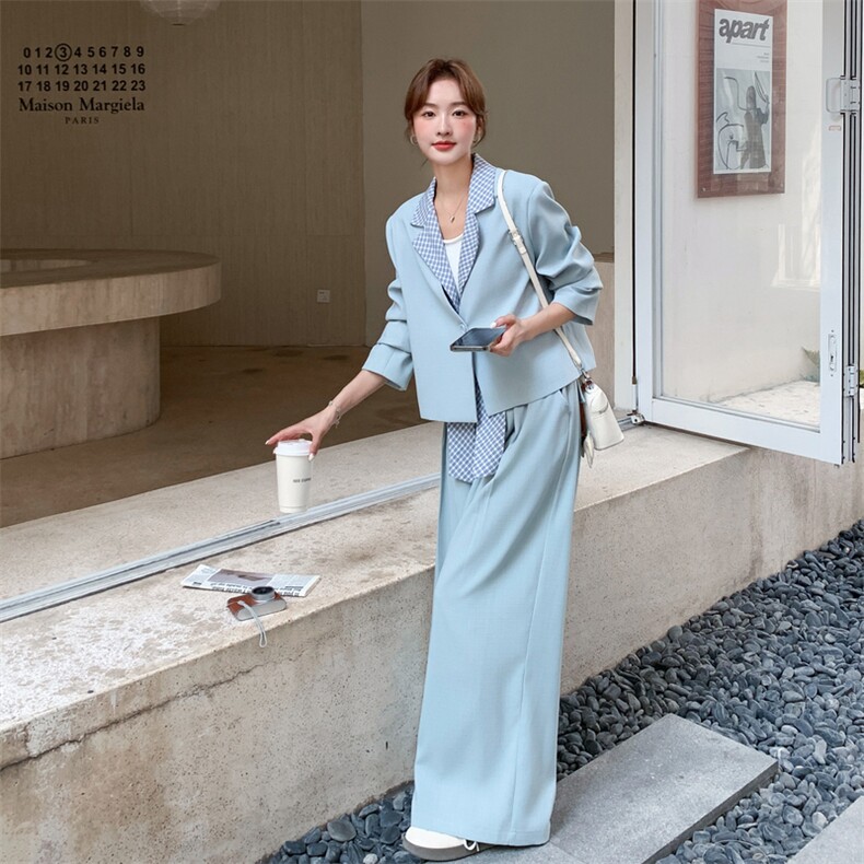 26春新款现-浅蓝温柔风拼接格子西装套装2628-P180K288,女装套装/套裙,2B190