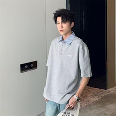 韩系假两件短袖POLO衫男生刺绣藏青色氛围感上衣干净穿搭T恤潮牌，男装T恤，星座506A
