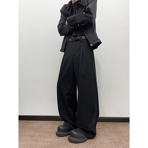 混纺“暗纹雕花”优雅宫廷拼接A字版阔腿西裤垂感休闲裤图片