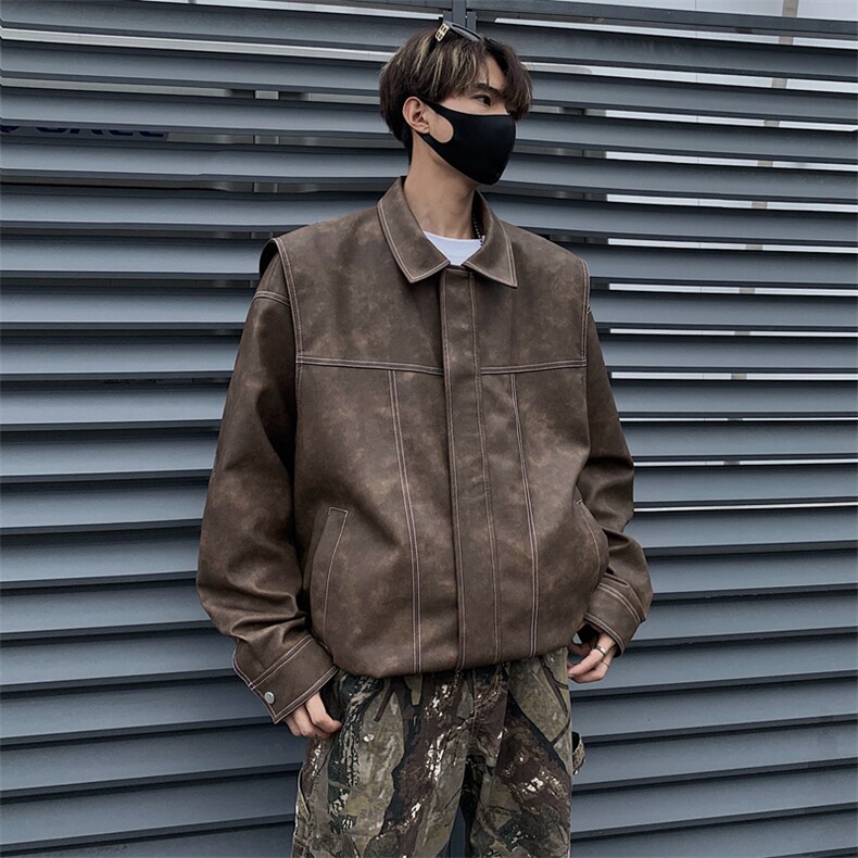 港风高街痞帅男装外套美式短款潮牌工装皮衣夹克DSA157B-J232-P90,男装夹克,电商A157B