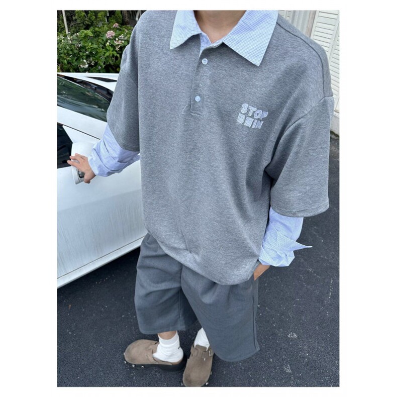 ins美式假两件衬衫拼接男女春季高级感慵懒风宽松小众设计感上衣,男装衬衫,星座1210-1