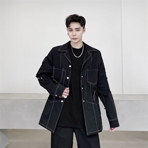 新款秋冬明线装饰腰抽绳口袋韩版翻领中长外套男A345-161-P115图片
