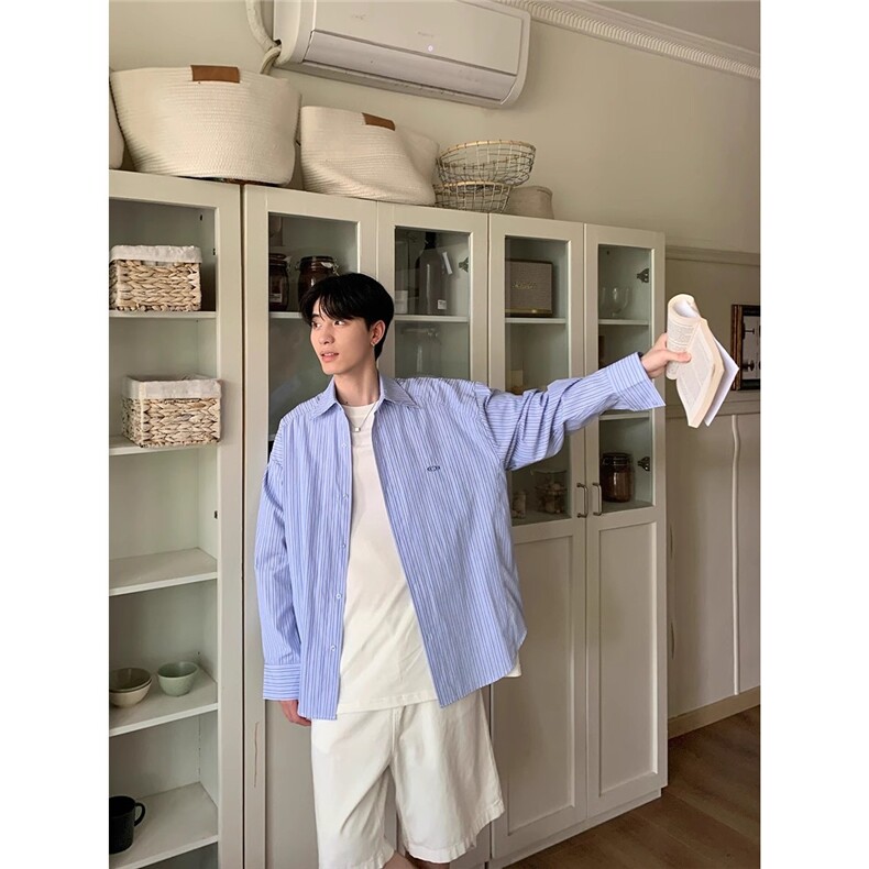 衬衫男长袖港风日系薄款宽松秋季高级条纹潮ins休闲衬衣男士外套,男装衬衫,星座506A
