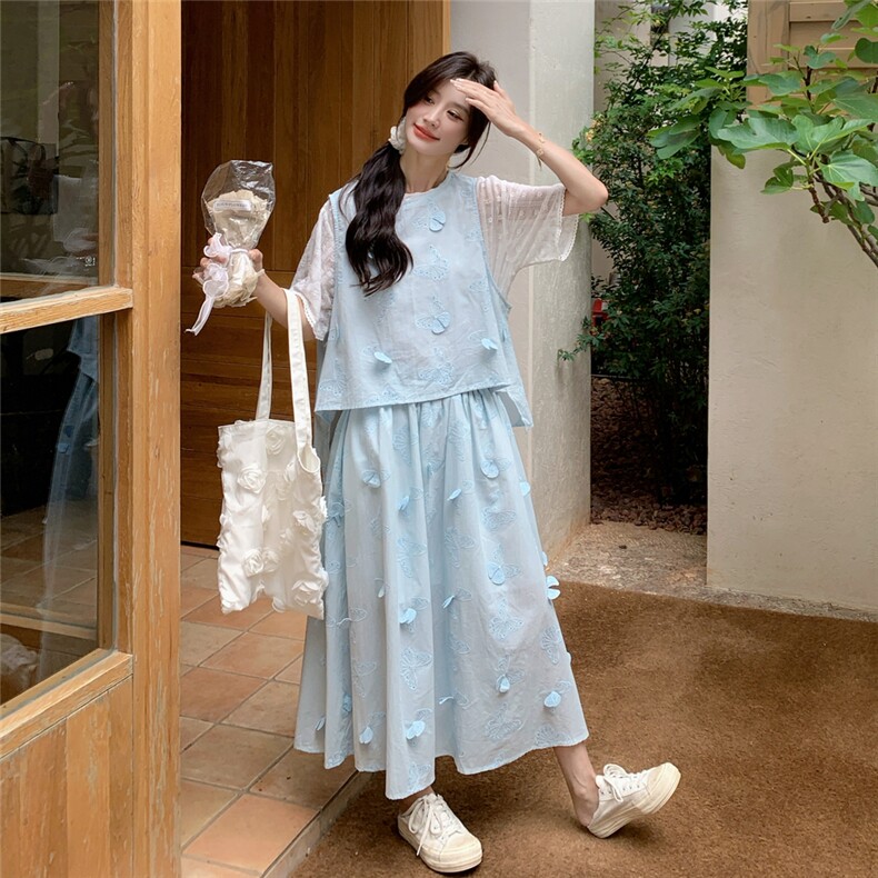 蕾丝短袖立体蝴蝶马甲半身裙三件套2591P195K288,女装套装/套裙,2C201